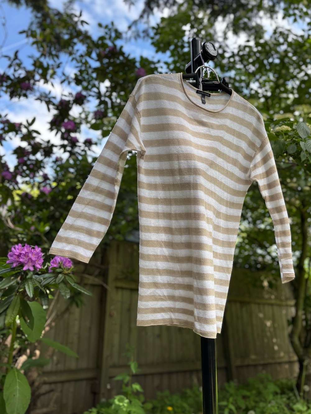 Eileen Fisher Organic Linen Cotton Beige and White Striped Lightweight Sweater
